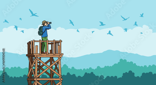 Man Observing Nature From A Wooden Tower With Binoculars And Flying Birds