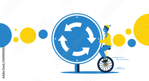 Man On A Unicycle Rides Around The Roundabout Road Sign Design