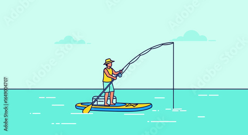 Man Paddle Board Fishing Under a Blue Sky Minimalist Illustration