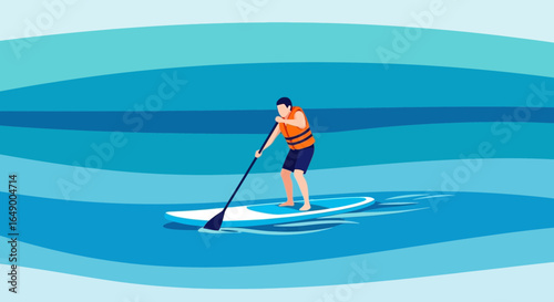 Man Paddleboarding With Life Vest In Turquoise Water For Summer Recreation