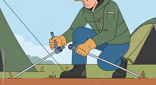 Man Assembling Tent For Outdoor Adventure In Camping Gear Preparing For Recreation