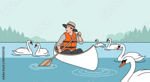 Man Paddling Canoe Surrounded By Graceful Swans On Serene Lake Waters
