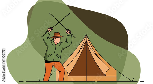 Man assembling tent outdoors in nature for recreational camping adventure trip
