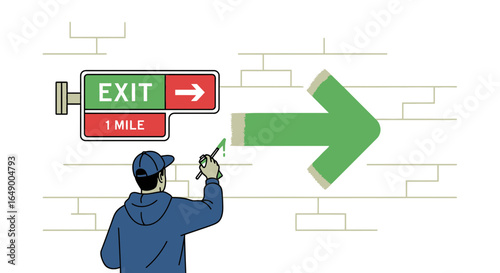 Man Painting Arrow Symbol with Exit Sign Leading the Way Towards Future