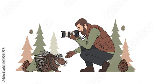 Man Photographs Porcupine in Wilderness Encounter Capturing Wildlife Moment