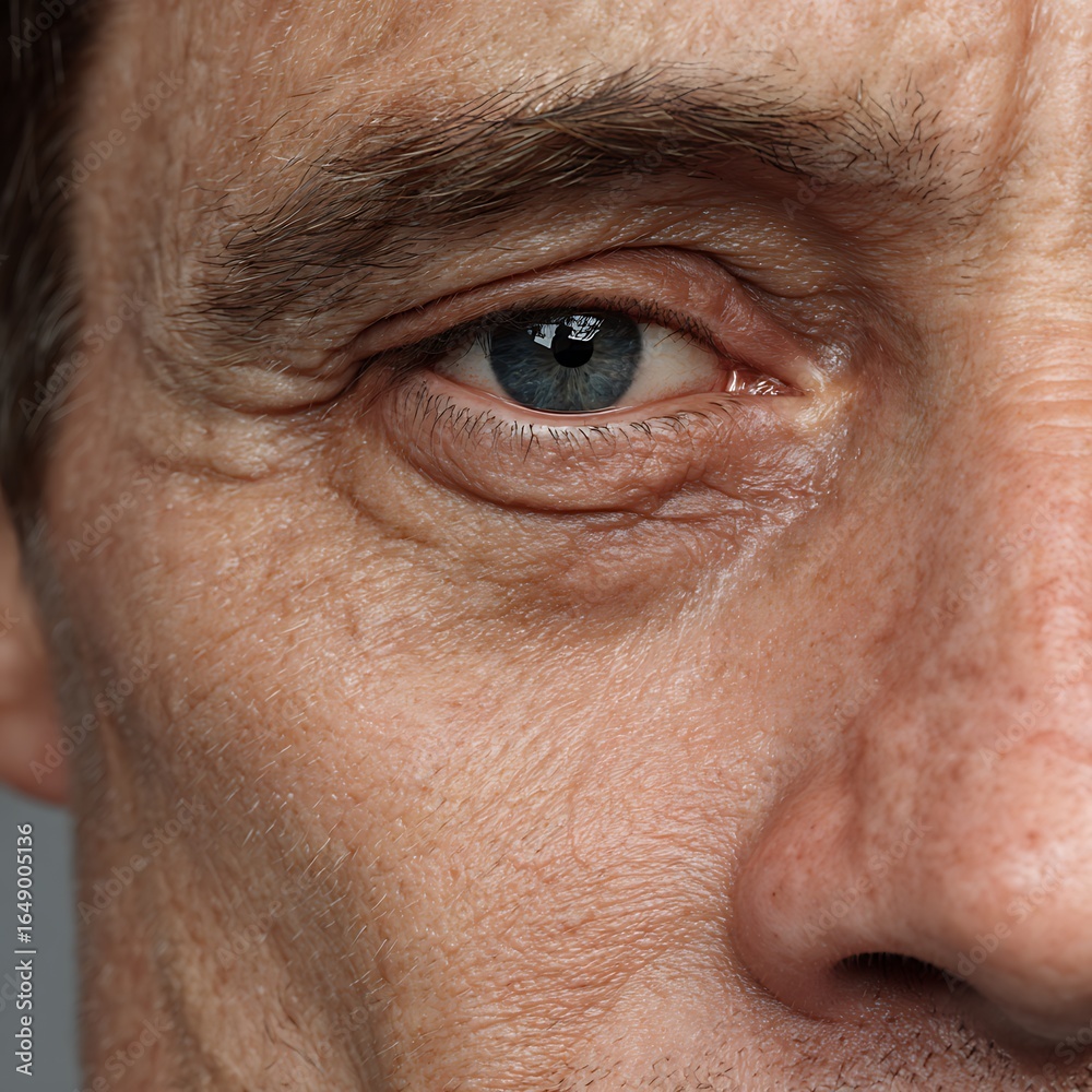 Fototapeta premium Adult Male Face With Under-Eye Dark Circles Combined With Mild Puffiness. Skin Texture Is Hyper-Detailed With Visible Fine Lines And Natural Color Variations. Soft Daylight Enhances Shadow