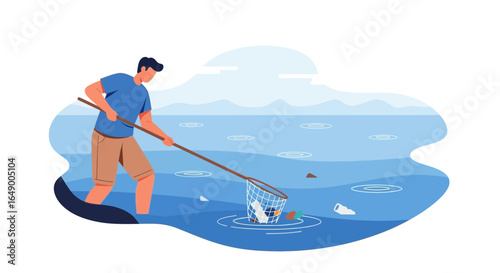 Man cleaning up the ocean with a net, environmental protection and volunteering with the ocean cleanup and fighting pollution