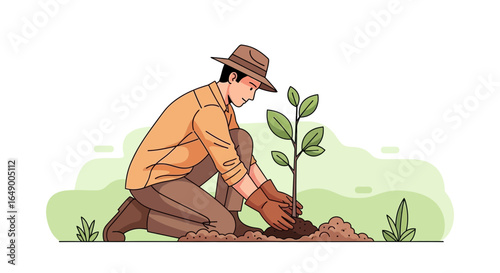 Man Planting Tree Seedling To Protect And Preserve The Environment