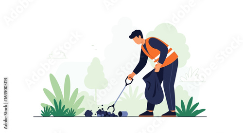 Man cleaning up litter in the park to protect the environment and community