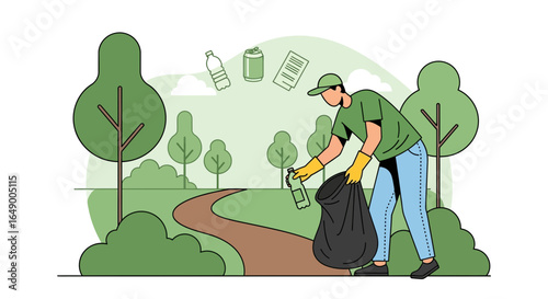 Man Cleaning Up Litter Volunteer Gathering Trash In The Park Outdoors