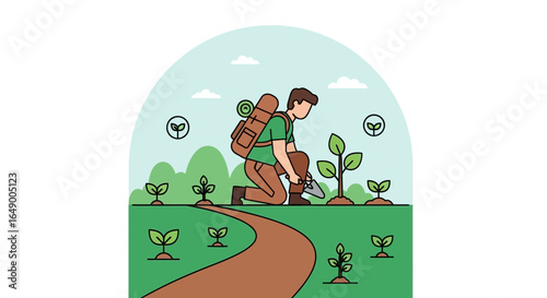 Man Planting Seedlings In Outdoor Illustration For Environment Conservation