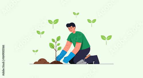 Man Planting Tree Sapling with Care Illustration for Environmental Awareness