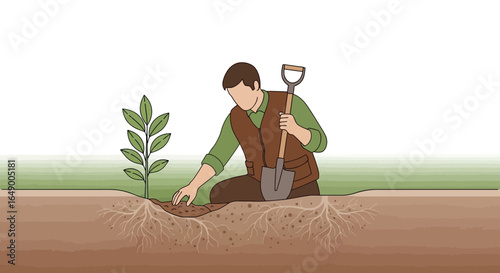 Man Plants Tree Sapling Illustrating Environmental Stewardship And Sustainable Growth