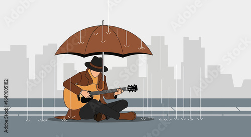 Man Plays Guitar Under an Umbrella on the City Street During Rainy Weather