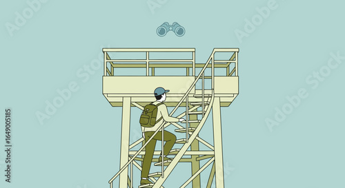 Man climbing lookout tower with binoculars symbolizing exploration and observation