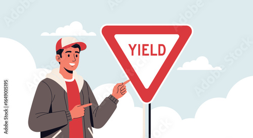 Man Pointing At Road Yield Sign Demonstrating Traffic Rules And Safety Awareness