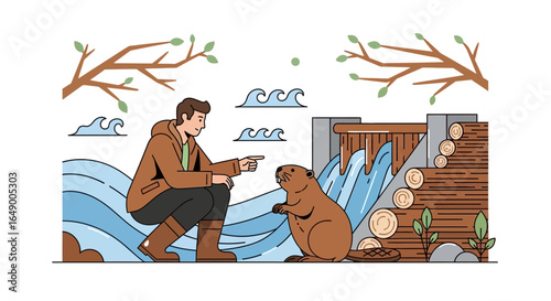 Man Confronting a Beaver near a Dam: A Cartoon Illustration of Nature and Wildlife interaction