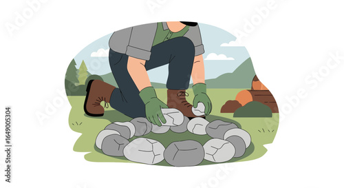 Man Prepares Campfire Ring With Stones For Outdoor Adventure In Wilderness