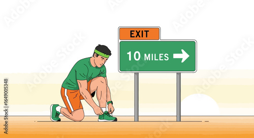 Man Prepares for Road Run Tying Shoe Next to Directional Signage