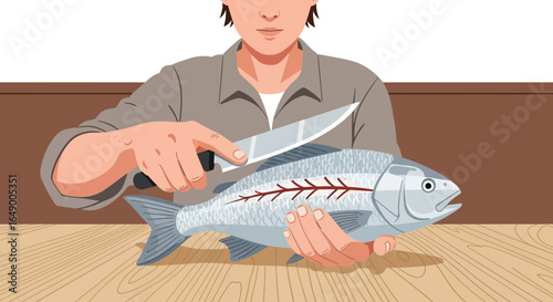 Man Prepares Fresh Caught Fish For Cooking With A Sharp Knife Illustration