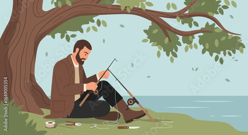 Man Prepares His Fishing Rod Under A Tree By The Lakeside