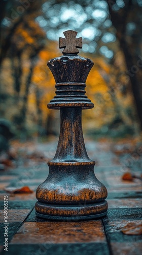 Autumnal Chess King: A Majestic Piece on a Forest Board
