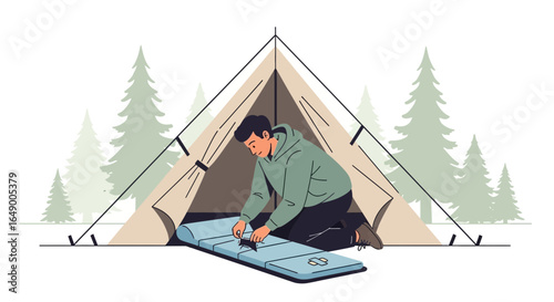 Man Prepares Inflatable Mattress Inside Tent Amidst Evergreen Forest Illustration