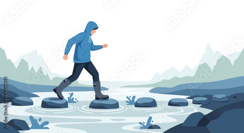 Man Crosses River Walking on Stones Adventure Exploration Nature Concept