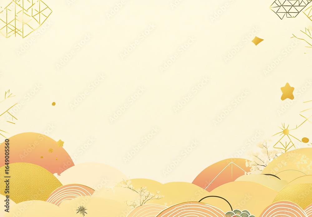 Obraz premium A light yellow background with Japanese patterns and golden circles at the bottom