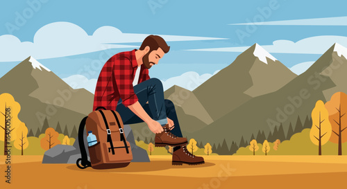 Man Preparing For A Hike Tying His Boot With Scenic Mountain Landscape Behind
