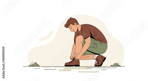 Man Preparing For Adventure Trip by Tying Shoelaces on Trail Road