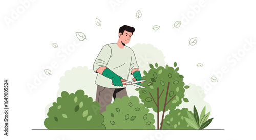 Man Doing Gardening Work Cutting Bushes with Garden Tool Spring Season