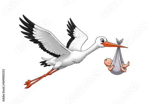 Cartoon Stork Delivering a Baby A whimsical illustration of a stork in flight carrying a swaddled infant Suitable for announcements greeting cards or childrens media on transparent background