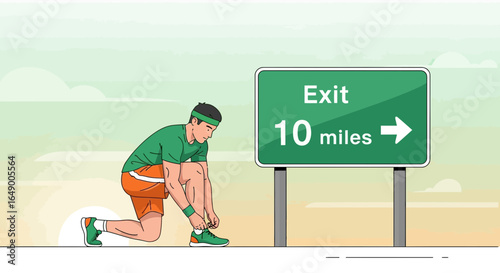 Man Preparing For Run Near Sign Pointing To Exit Ten Miles Away
