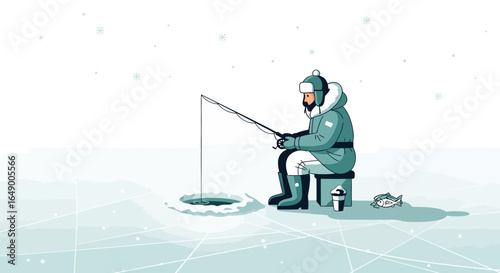Man Doing Ice Fishing in Winter Illustration on Frozen Lake Surface