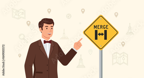Man Directs Traffic Merging With Yellow Road Sign And City Location Background