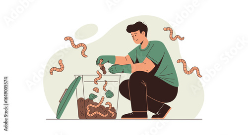 Man Doing Vermicomposting Process For Soil Enrichment And Organic Fertilizer
