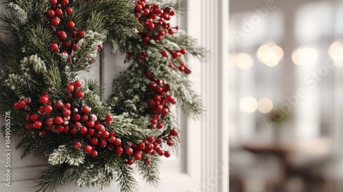 Photorealistic Wreath with Pine Needles and Berries on White Door for Holiday Greetings