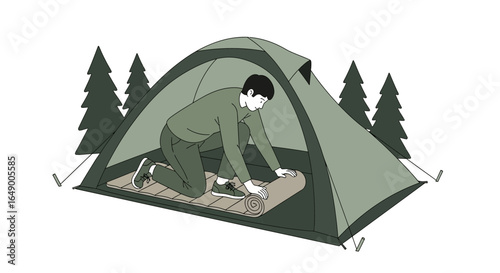 Man Preparing His Sleeping Pad Inside Camping Tent In The Wilderness