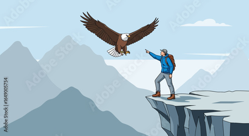 Man Reaching Aspiration on Mountain Peak with Soaring Eagle Against Mountain Landscape