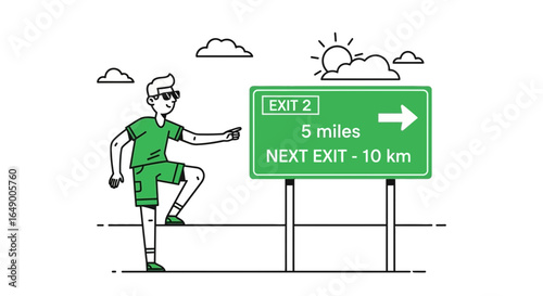 Man Reaching Highway Directional Sign for Next Exit Distance on Road Trip