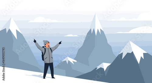 Man Reaching Mountain Top Celebrating Successful Climbing Expedition Illustration