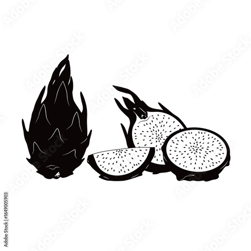 black and white silhouette vector of dragon fruit, whole fruit and fruit split into two on a white background