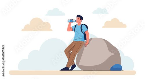 Man Refreshing With Water After Hike On Rock Enjoying Scenic Views