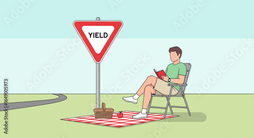 Man Relaxes With a Book Near Yield Sign in a Serene Outdoor Setting