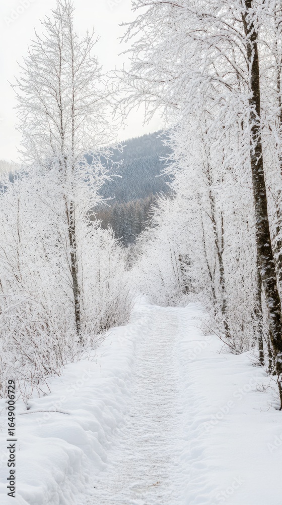 Obraz premium Snowy Path Through Winter Wonderland: A Serene Winter Scene