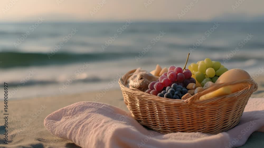A wicker basket filled with fresh fruits grapes, blueberries, and pears on sandy beach with pink cloth by ocean waves