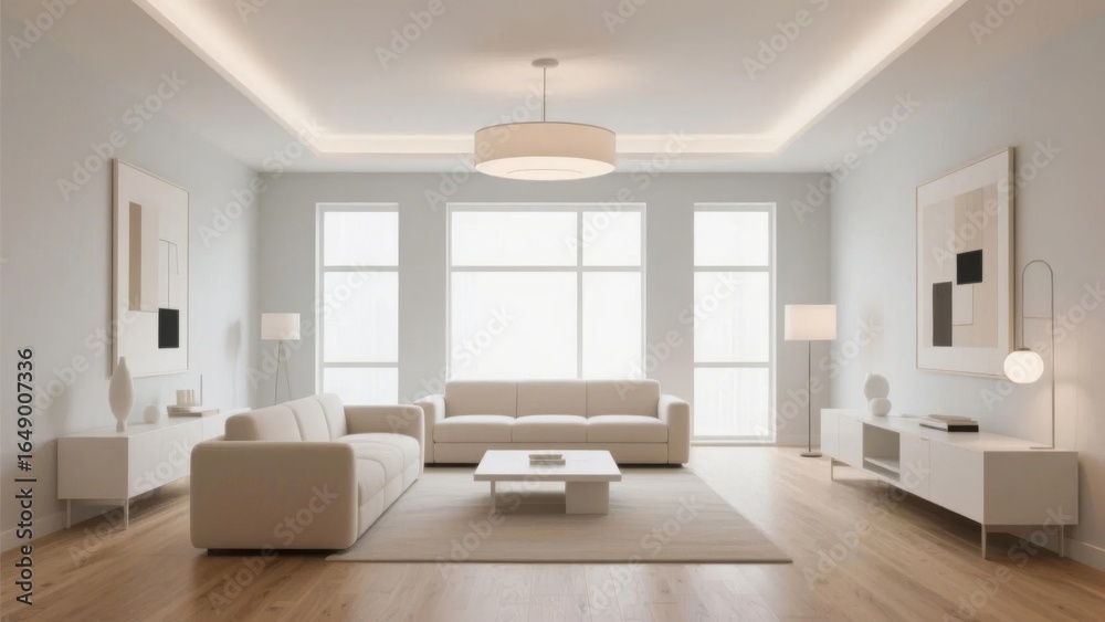Fototapeta premium Modern Living Room with Neutral Tones and Large Windows