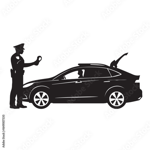 Vector art of police officer conducting a traffic stop with a car, trunk open, isolated on white background