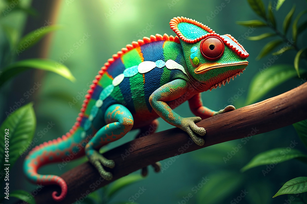 Obraz premium Eye-catching 3D illustration of a brightly colored chameleon clinging to a branch. Exotic wildlife art with vibrant hues and detailed textures.